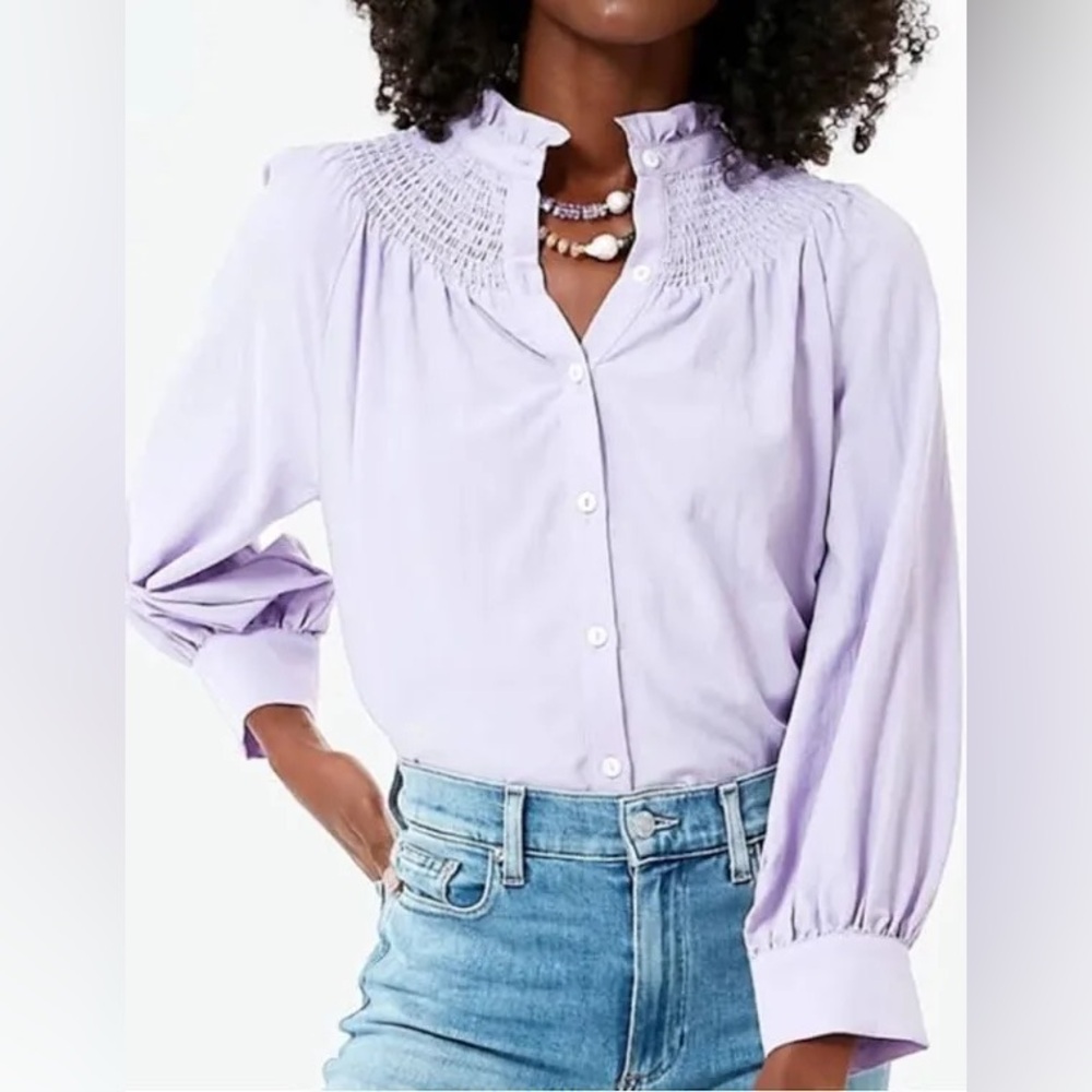 Pomander Place Lavender Smocked Yoke Button-Front Blouse